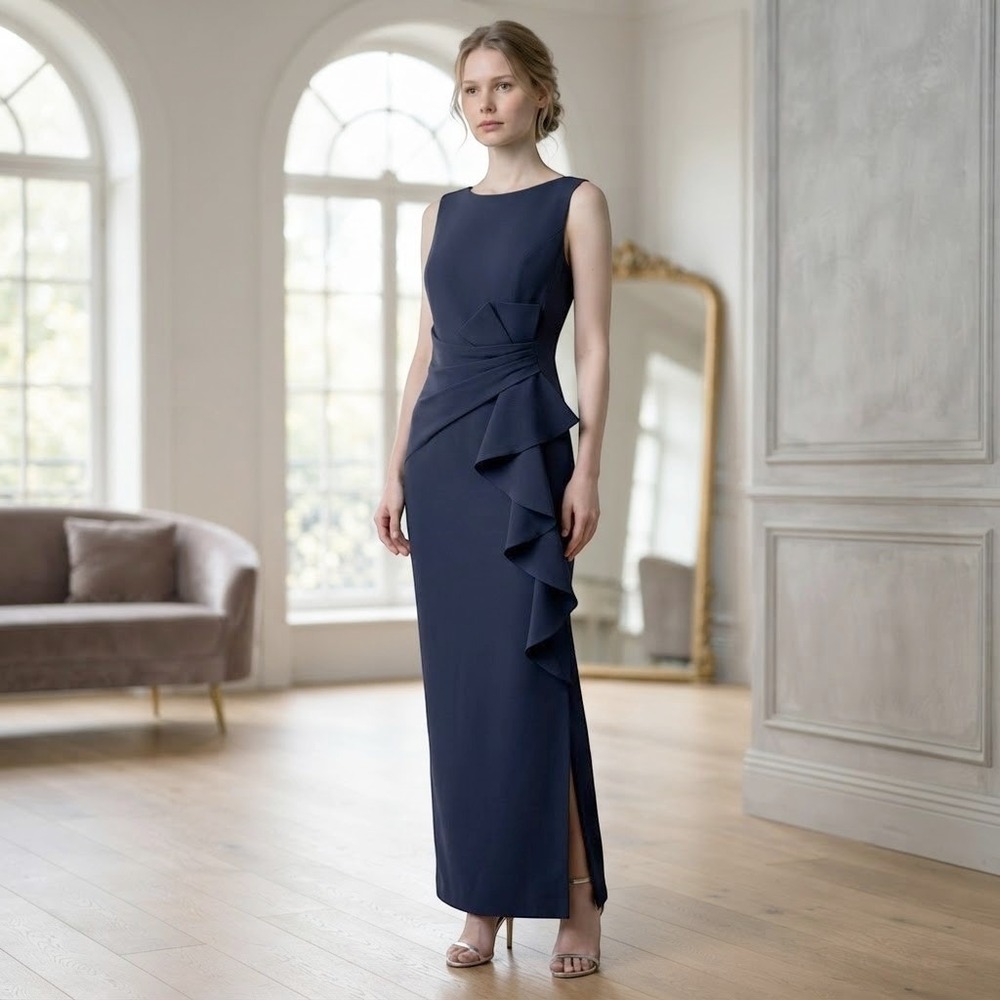 Eliza J Ruffle Side Slit Gown Womens 14 Navy Blue Sleeveless Formal Dress